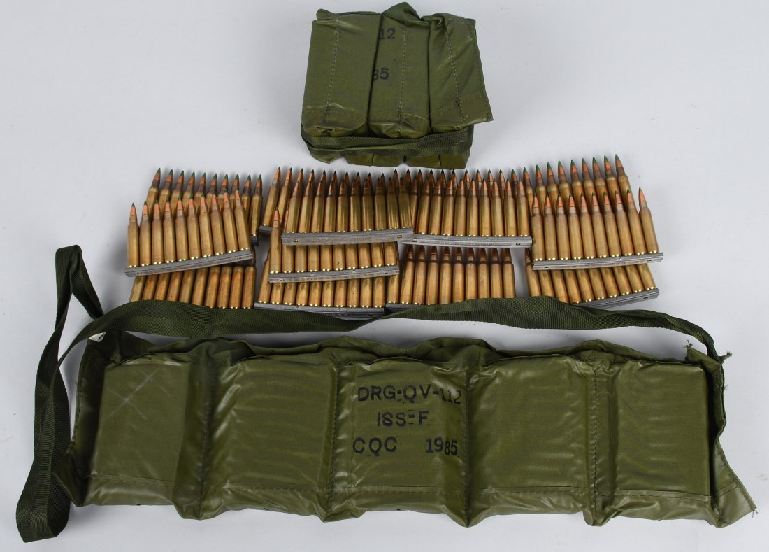 430 ROUNDS 5.56mm AMMUNITION: Lot includes 2 - 150 round bandoliers of 5.56mm ammunition, along with 13-10 round stripper clips.