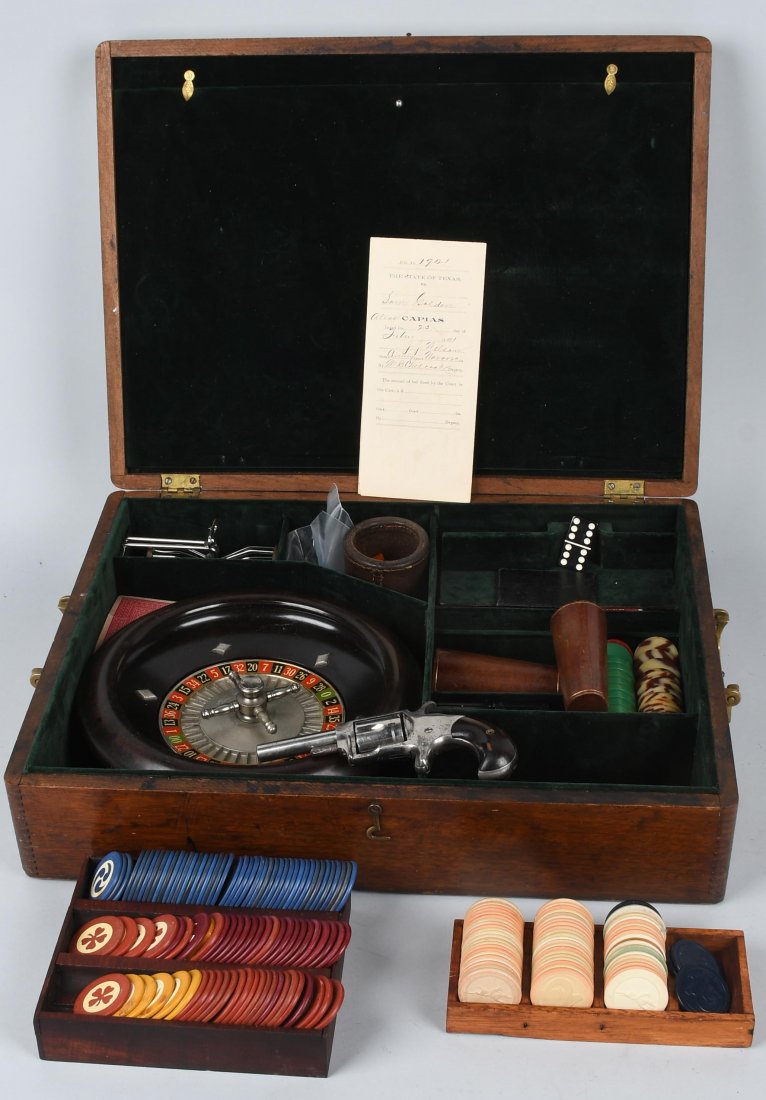 GAMBLER\'S SET with HOPKINS & ALLEN .32 PISTOL: Interesting gamblers set housed in a 19\" by 14\" wood box. Set includes vintage and modern gambling items, such as cards, roulette, chips, dice and more. The pistol is a Hopkins & Allen Blue Jacket N