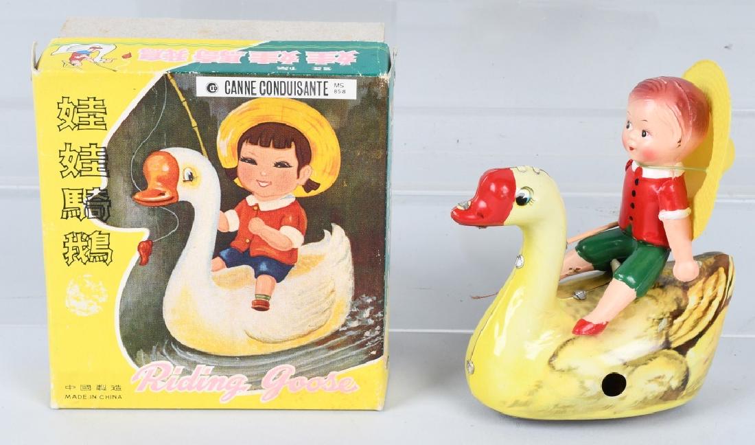 RED CHINA Tin Windup BOY RIDING GOOSE w/ BOX (1 of 7)