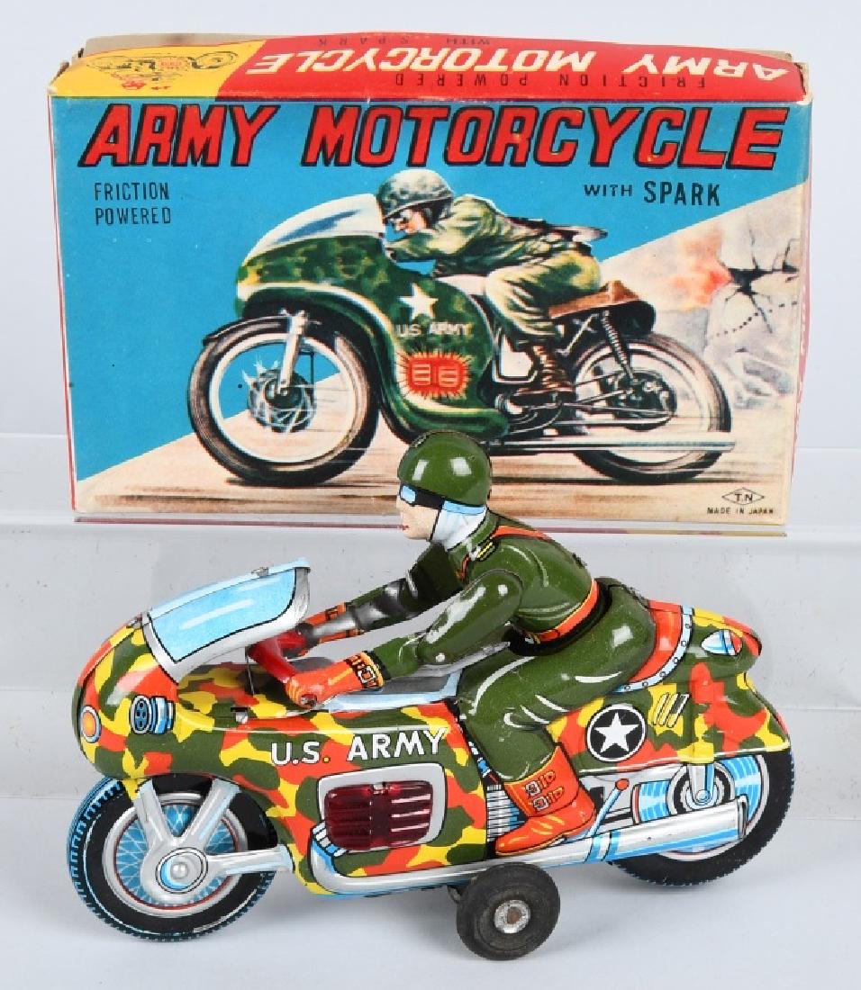 JAPAN Tin Friction ARMY MOTORCYCLE w/ BOX (1 of 7)