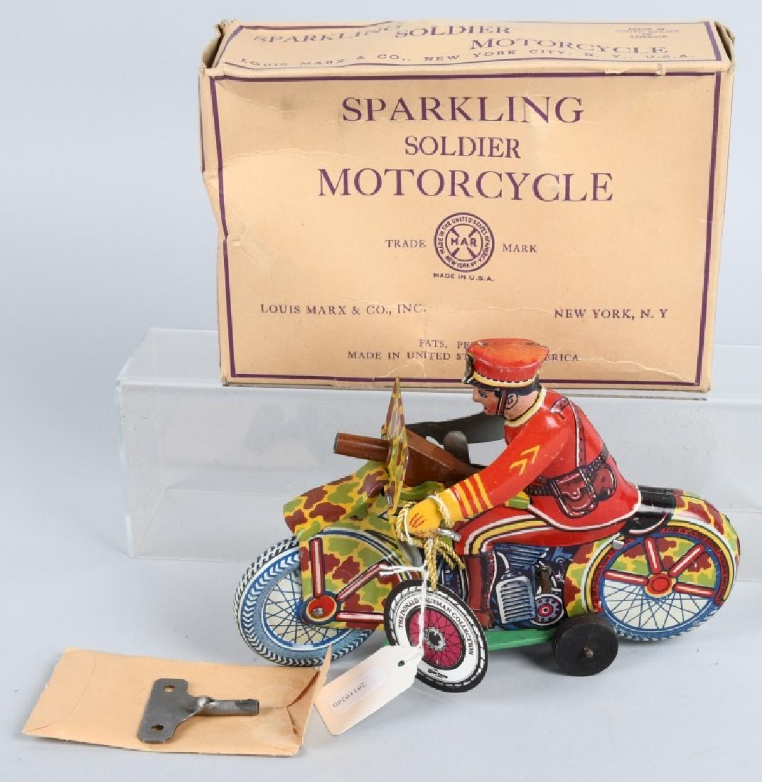 MARX Windup SPARKLING SOLDIER MOTORCYCLE w/ BOX (1 of 7)