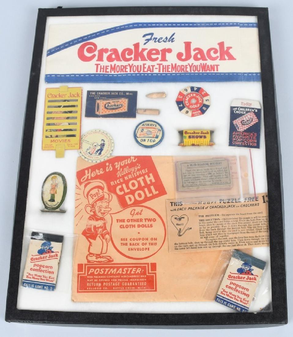EARLY CRACKER JACK & CHECKERS PRIZES: Very nice grouping of tin prizes,a vendors hat, and more. Also included are 2 Checkers prizes. Checkers was a successful competitor and was bought out by Cracker Jack in 1926. Very Good-Excellent