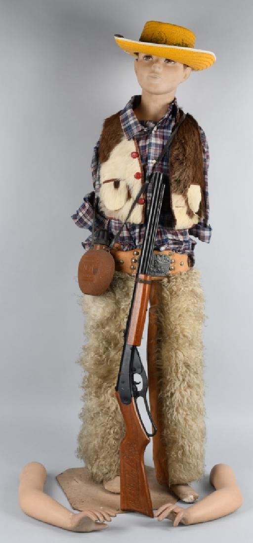 WESTERN DISPLAY MANNEQUIN w/ DAISY BB RIFLE: Vintage child size mannequin with a ornate western outfit. the chaps and vest are leather. Also included is a tooled leather belt with large buckle, a woven hat, A Rin Tin Tin canteen and a Daisy Red 