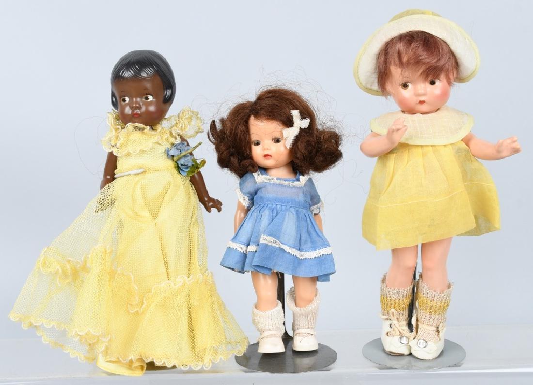 3-VINTAGE DOLLS, PATSY ANN & MORE: Nice grouping with 7" Nancy Ann Muffie Walker, a 9" Effanbee Patsy Ann, and a 9" Patsyette, Excellent originals.