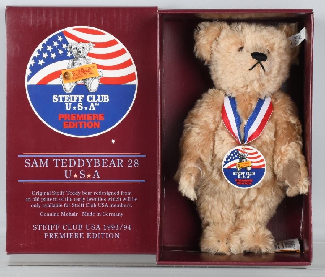 STEIFF CLUB BEAR PREMIERE SAM TEDDY BEAR: Steiff Club Bear Premiere Sam Teddy Bear #420801 1993/94 LIMITED EDITION 1st. Has button, flag and medallion in original box. Excellent Condition