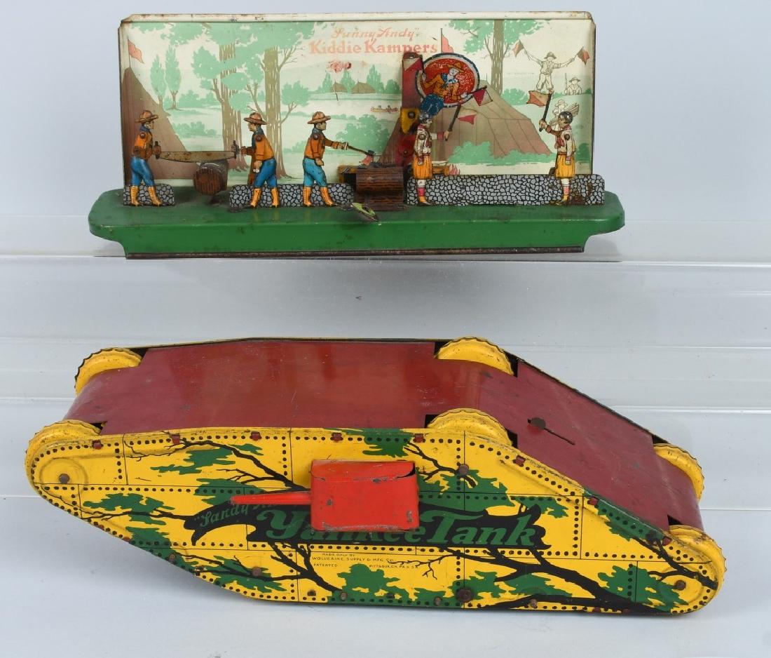 WOLVERINCE KIDDIE KAMPERS AND YANKEE TANK: Wolverine windup Sunny Andy Kiddie Kampers and Yankee Tank. Both original and working. Largest measures 14" Very Good