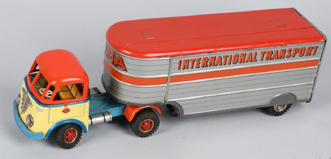 GAMA Tin Friction INTERNATIONAL TRANSPORT TRUCK: All original tin friction German Semi Truck. Nice colors. Friction works. Missing rare doors. 18" Excellent