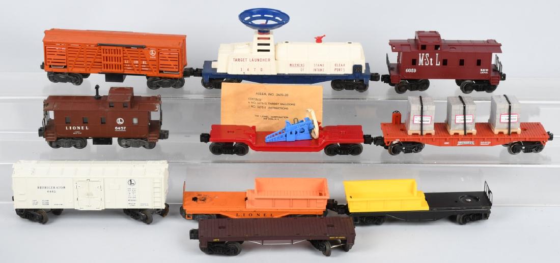 10-LIONEL O GAUGE ROLLING STOCK: Lot includes 3470 with target balloons in original envelope, 6482, 1877, 6059, 3309, 4863, 6457, 3656 and more. Very Good-Excellent