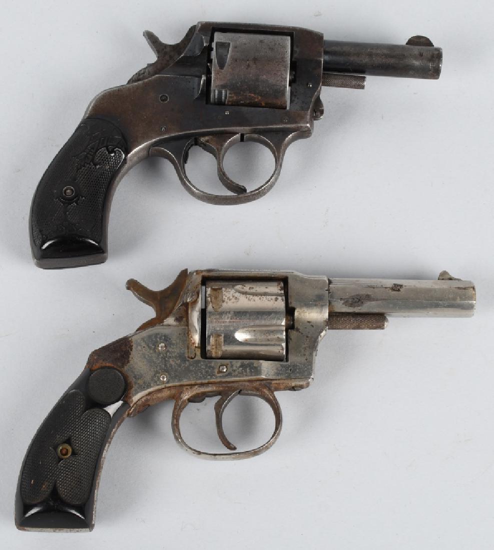 2-REVOLVERS, .38 H&A, and VICTOR .38: Lot includes Hopkins & Allen Bulldog SN 5477, along with a H&R Victor SN 62765. Both have actions that work and may clean to a higher grade. Good-Very Good*