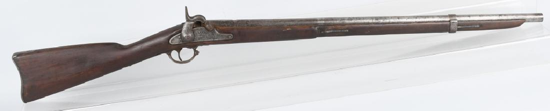 SPRINGFIELD MODEL 1861, .58 RIFLE: Model 1861 Springfield rifle with 1862 dated lock. Rifle has been cut down and the barrel is 30". Missing front barrel band, rear band, nose cap, sling swivels and rear sight. Lock action works. Stock