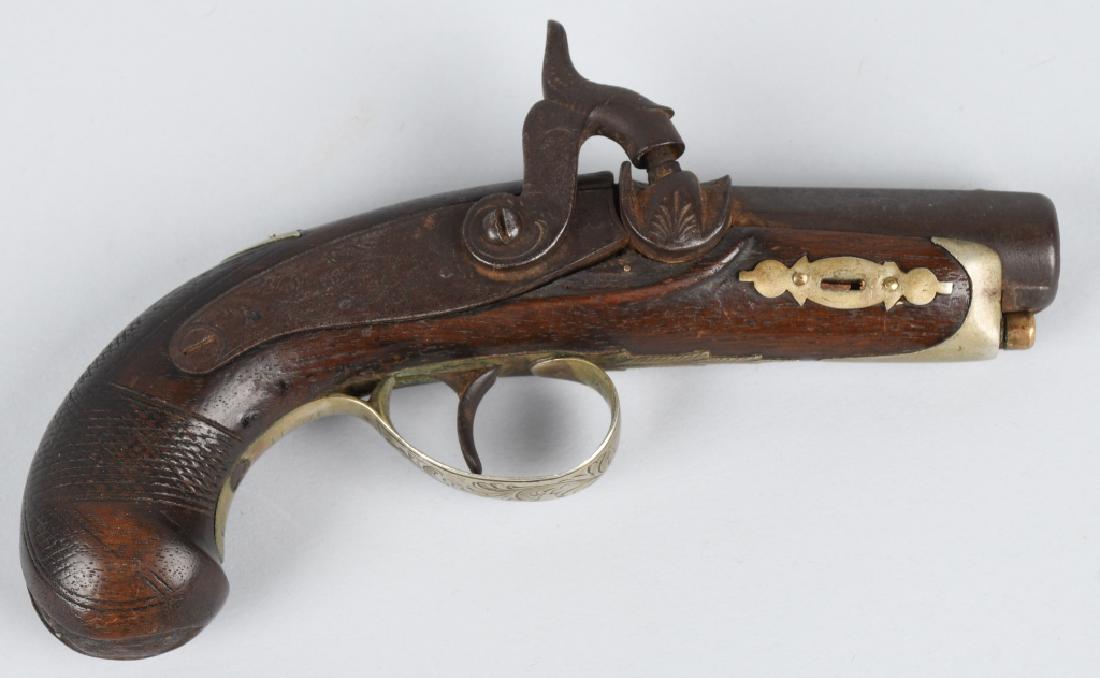 PHILADELPHIA DERRINGER .40 PERCUSSION PISTOL: 2 3/4" barrel marked Derringer Philadelphia on top flat and capital "P" on left flat. The back action lock is engraved and is marked Derringer Philadelphia. The pistol has a checkered walnut stock, an