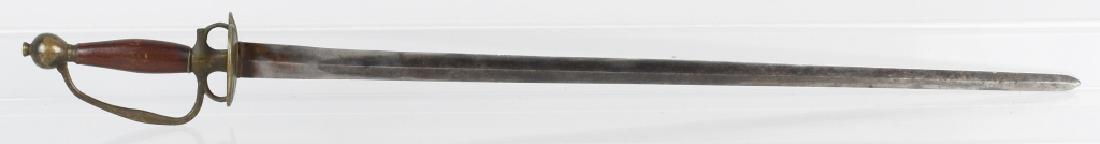 18TH CENTURY RAPIER SWORD WITH BRASS HILT: 18th century rapier with a diamond shaped 1.125" wide blade. wood handle with brass hilt. The quillon has broken off. Overall length is 33" x 26.5". very good.