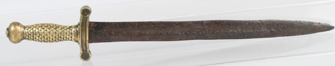 CIVIL WAR CONFEDERATE SHORT ARTILLERY SWORD: Civil War Confederate short artillery sword with no rivets in the handle. This sword is the most common of all Confederate Edged Weapons, yet its maker remains unknown. The hilt is brass, very poorly 