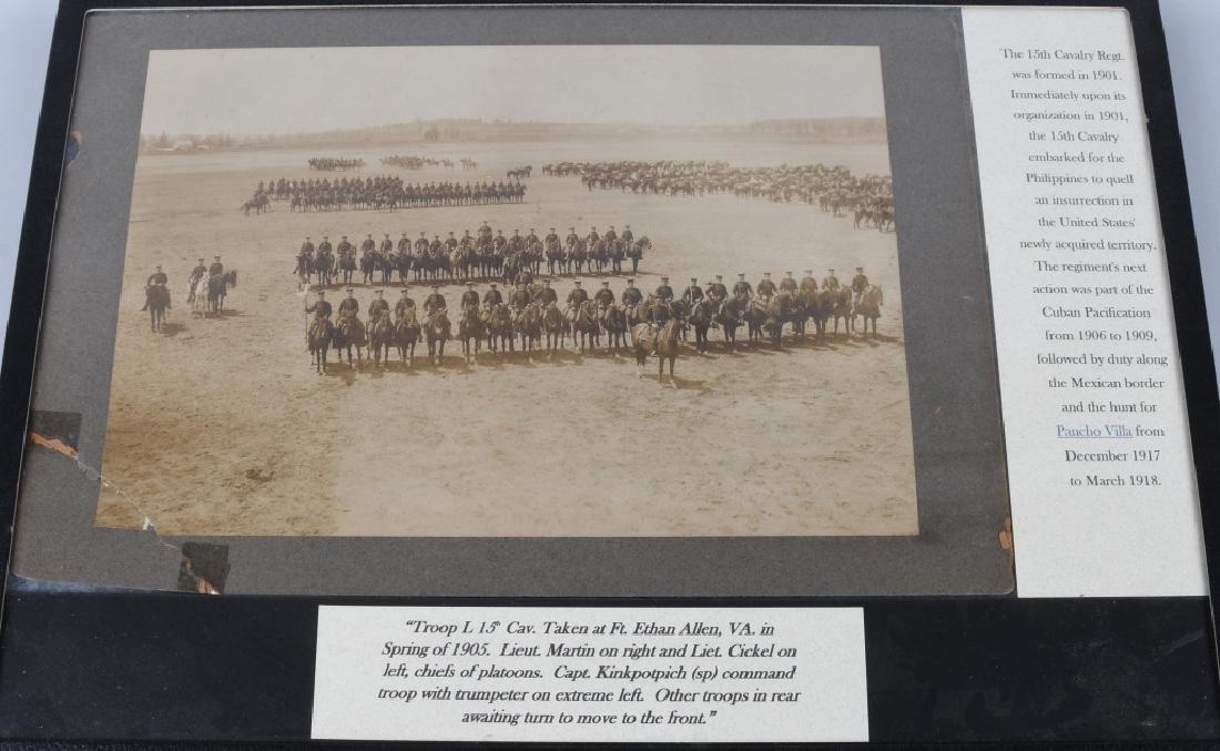 1905 15TH CAVALRY OUTDOOR PHOTOGRAPH: 1905 large format 9" x 13" photo mounted on a 10.75" x 16" mat featuring Troop L of the 15th U.S. Cavalry. The period browned ink inscription on the reverse reads, "Troop L 15th Cav. taken at Ft. Etha