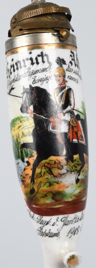 IMPERIAL GERMAN REGT PIPE BOWL - 3RD HUSSARS: Imperial German 3rd Hussars Regiment of Brandenburg Potsdam 1908 - 1910 pipe bowl named to Heinrich Altheimer. All Company members are listed. The bowl features a pickelhaube top cap. Bowl was cracked