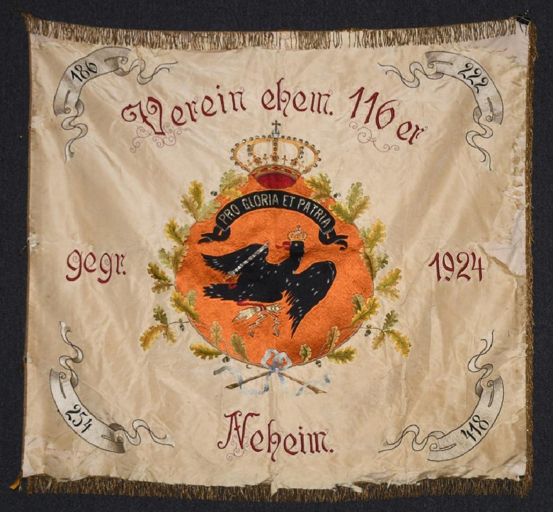 WWI IMPERIAL GERMAN BAVARIAN INFANTRY 116 RGT FLAG: Large Imperial Bavarian double sided embroidered silk 116th Regiment flag dated 1924. Identified to the town of Neheim. Features a large imperial eagle on the obverse and a cloaked figure of a man wit