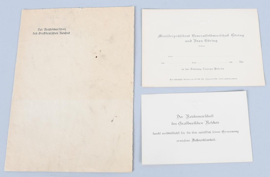 WWII NAZI GERMAN HERMANN GOERING STATIONARY: Reichsmarschall Hermann Goering pre printed and embossed official stationery , invitation and thank you card. The thank you card is in near mint condition, the invitation from Goering and Frau Goring 