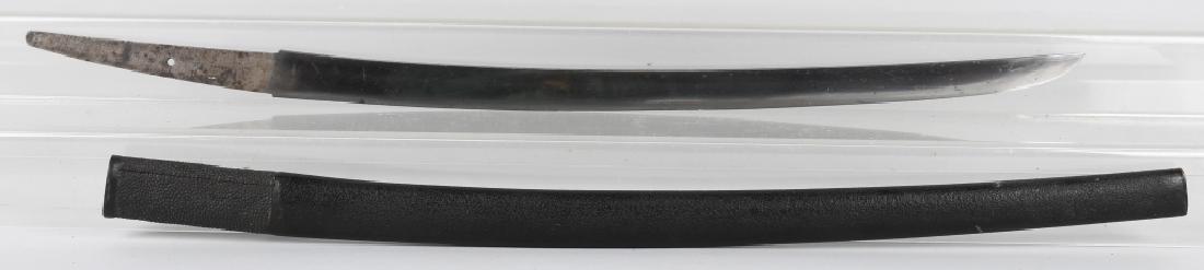 JAPANESE KATANA and SAYA, signed TANG: 29" overall with a 22" bright blade. One hole tang is signed on left side. Blade has some light scratches and scattered small spots of corrosion. It has a visible straight homon. Missing complete grip