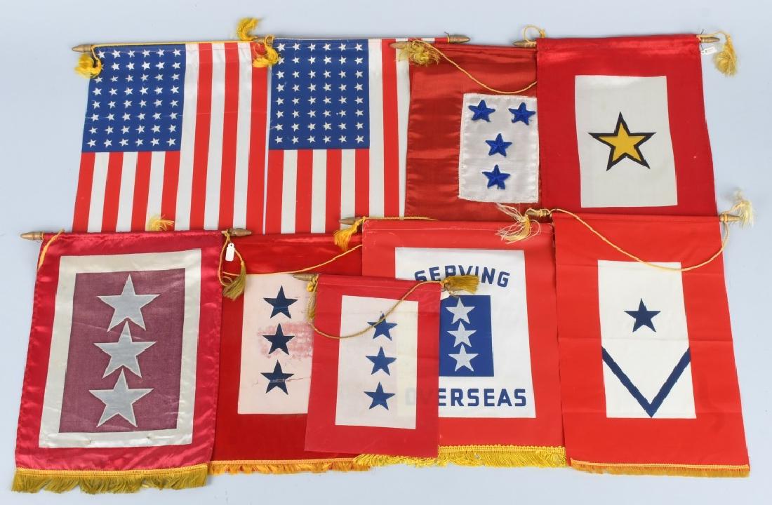 WWII US HOME FRONT 7 SON IN SERVICE FLAGS -1 GOLD: Lot of 9 flags - pennants including 1 gold star ( son killed ) flag, four 3 star son in service flags, one 1 star son in service flag, and one 4 star son in service flag that is multi piece constructi