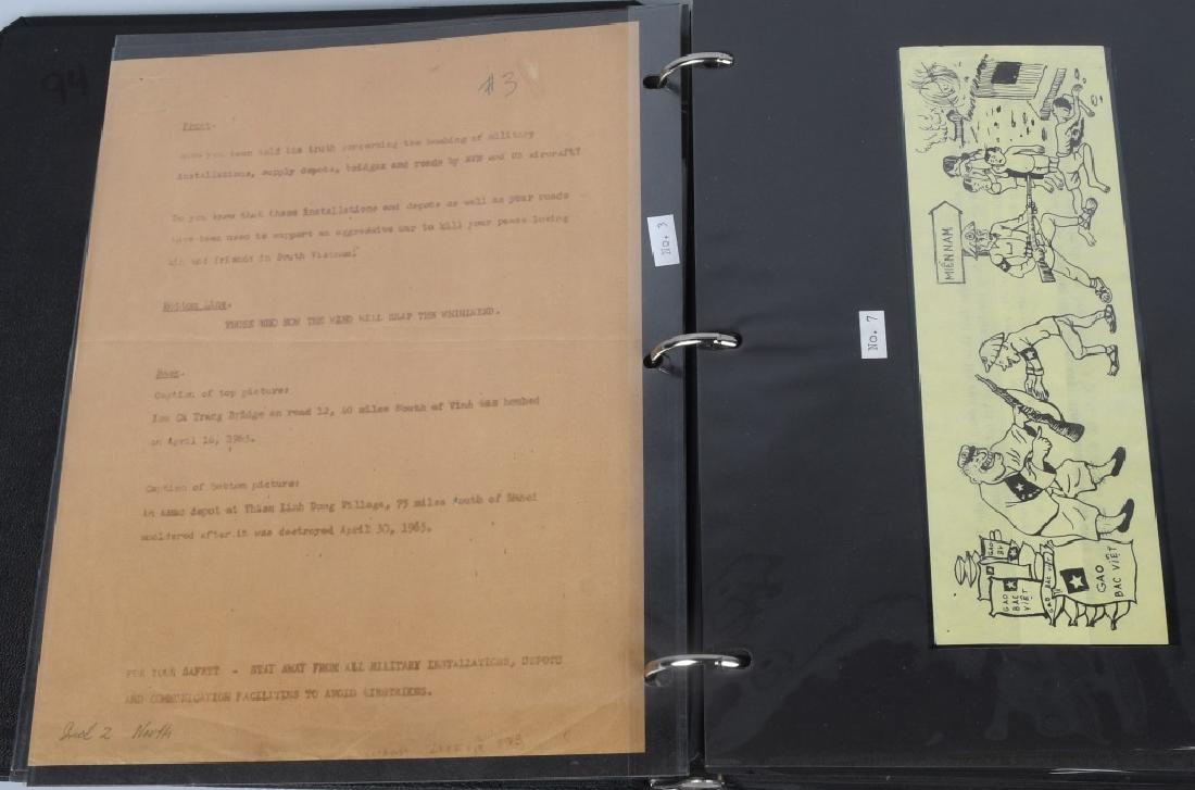 VIETNAM WAR US SOUTH VIETNAM PROPAGANDA LEAFLETS: Binder of 91 air drop propaganda leaflets dropped by the United States and South Vietnam during the Vietnam War in order to demoralize the North Vietnamese. Two of these are made of metal. All pamphle