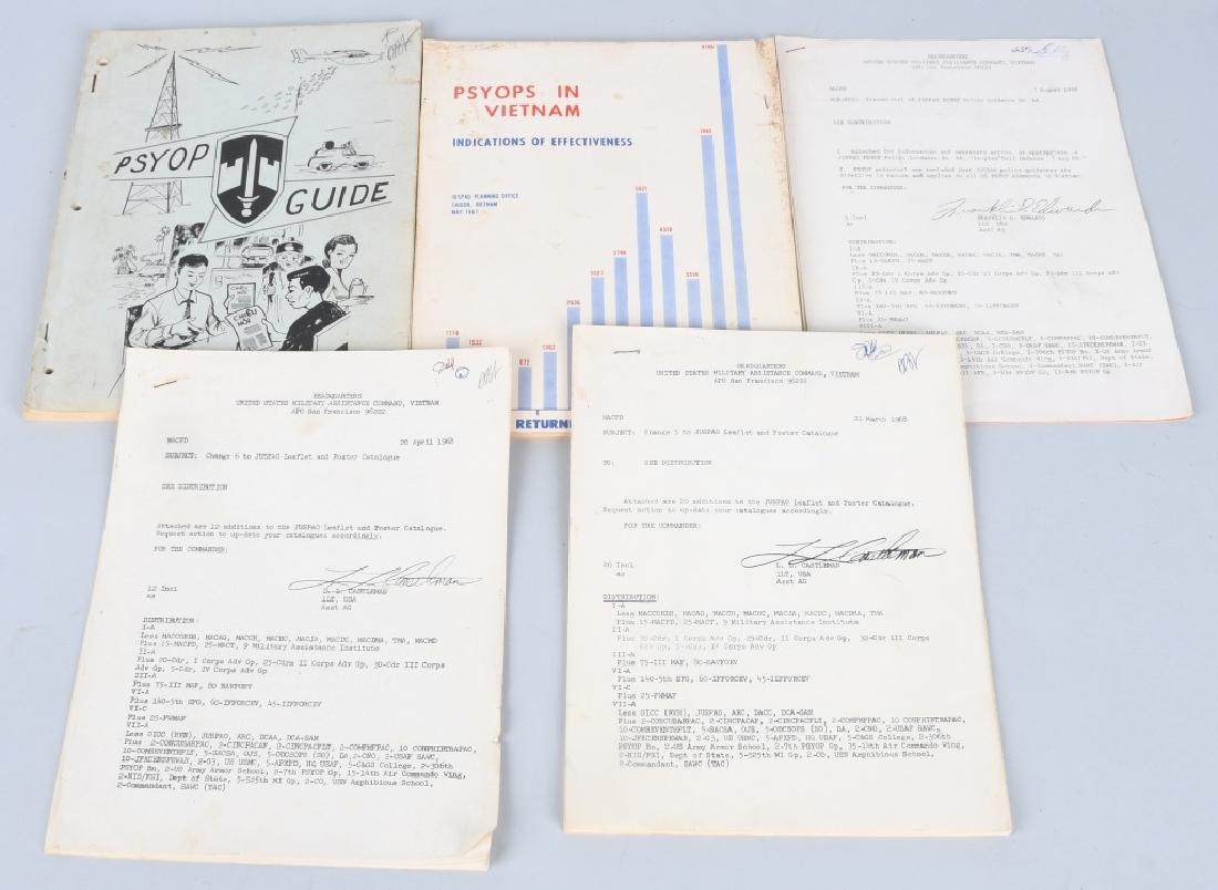 VIETNAM WAR U.S. PSYCHOLOGICAL OPS MANUALS & DOCS: Vietnam War United States Psychological Operations ( PSYOPS ) guide - April 27, 1968, bound report, JUSPAO Planning Office Saigon May, 1967, and leaflet and poster catalogues; March, April, And August