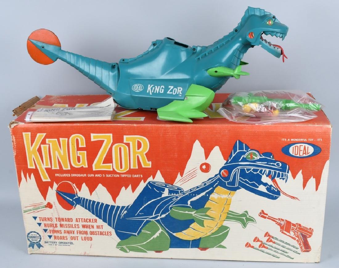 1962 IDEAL KING ZOR w/ BOX: All original and complete with gun, darts, balls, and instructions. Boxed. 34" Excellent