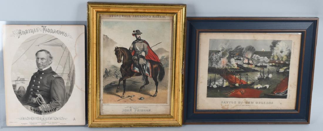 BATTLE of NEW ORLEANS FRAMED LITHO & MORE: Lot includes framed Battle of New Orleans litho by Lee & Walker, framed Stonewall Jackson's March, John Pridham, and Admiral Farraguts Grand March sheet music. Largest is about 13" by 10". Some staini