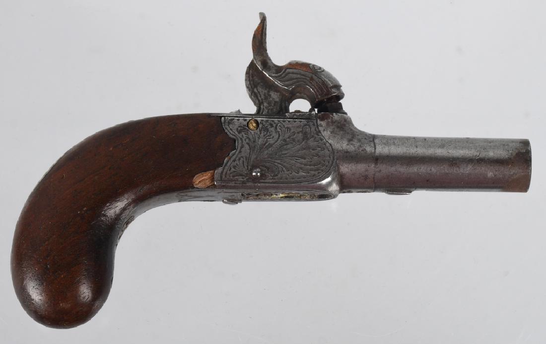 1850's RICHARD HOLLIS LONDON, PERCUSSION PISTOL: Great looking vest pocket size screw barrel pistol made by Richard Hollis, London England. Maker marked on left side of frame and initials R.H. under barrel. Barrel is 1 3/4" and is about . 30 caliber