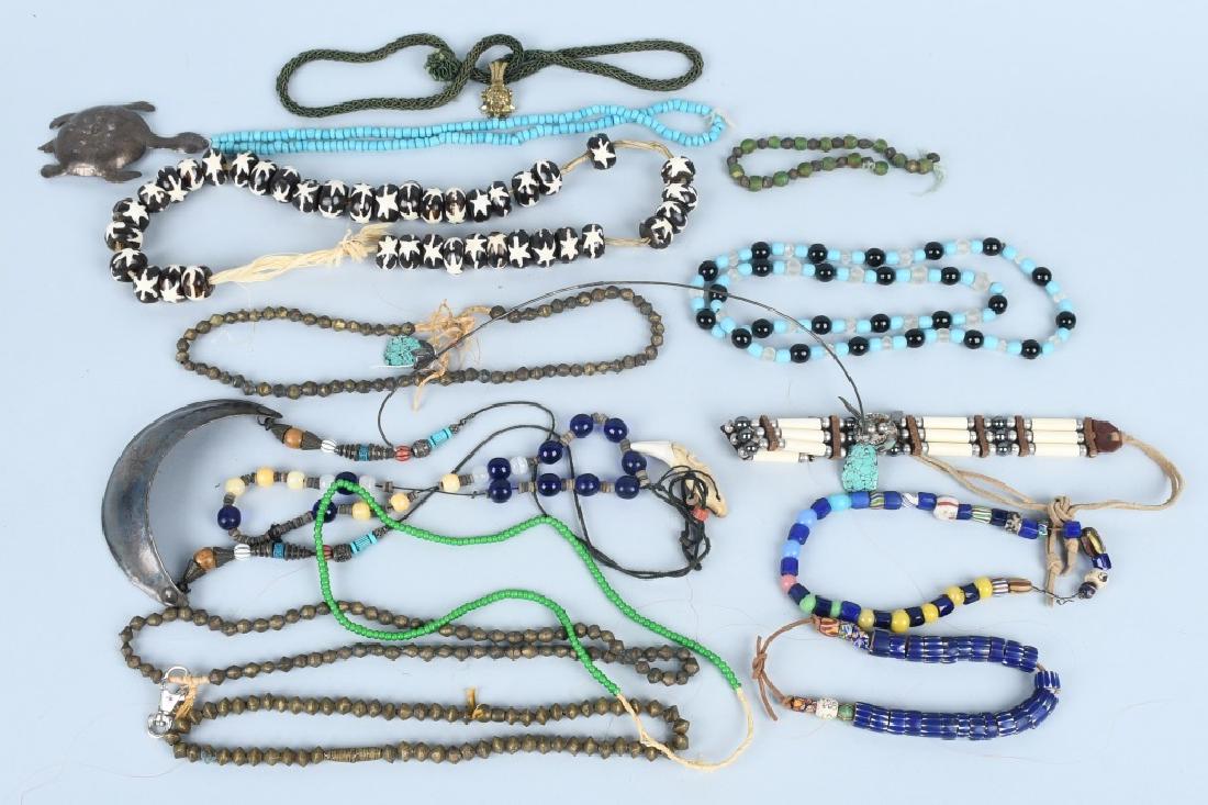LARGE LOT of GLASS TRADE BEADS & MORE: Nice varied lot with vintage and contemporary trade beads. The gorget is contemporary. Very Good