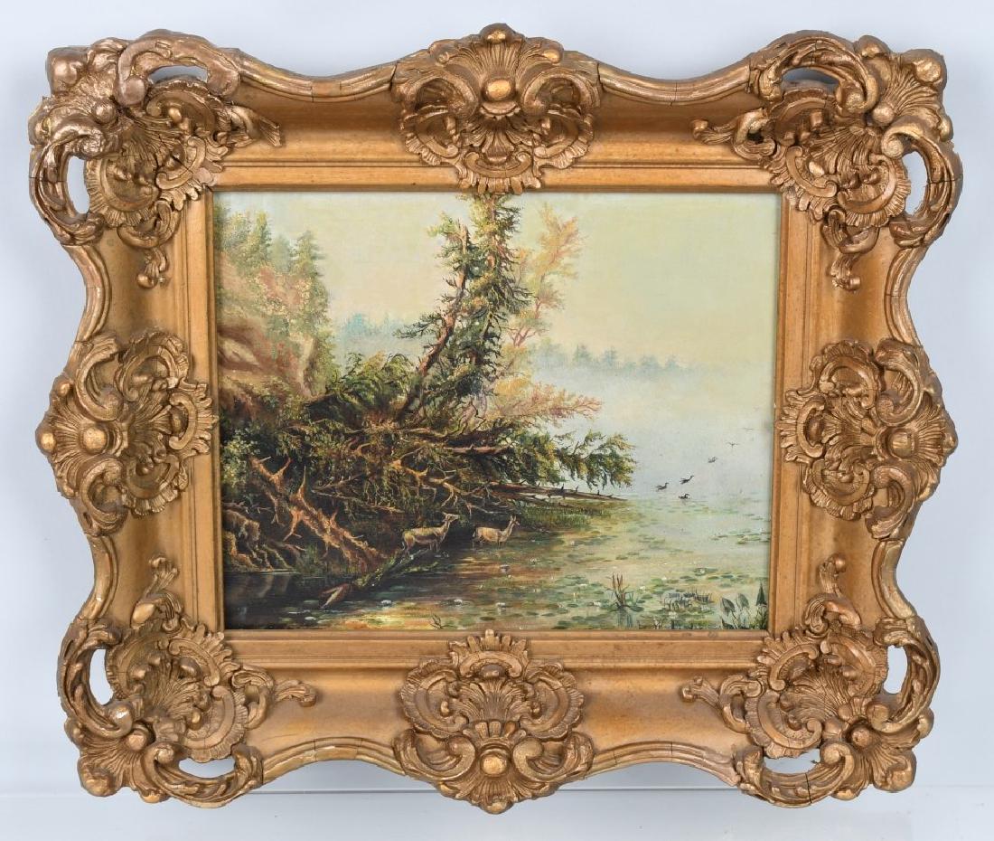 LEVI WELLS PRENTICE LANDSCAPE OIL PAINTING: Levi Wells Prentice (American 1851-1935) Landscape with Water and Deer. Oil on Board. Very beautiful colors and scene. Signed lower right. Professionally framed. Painting measures 13"x11" Framed 17"x1