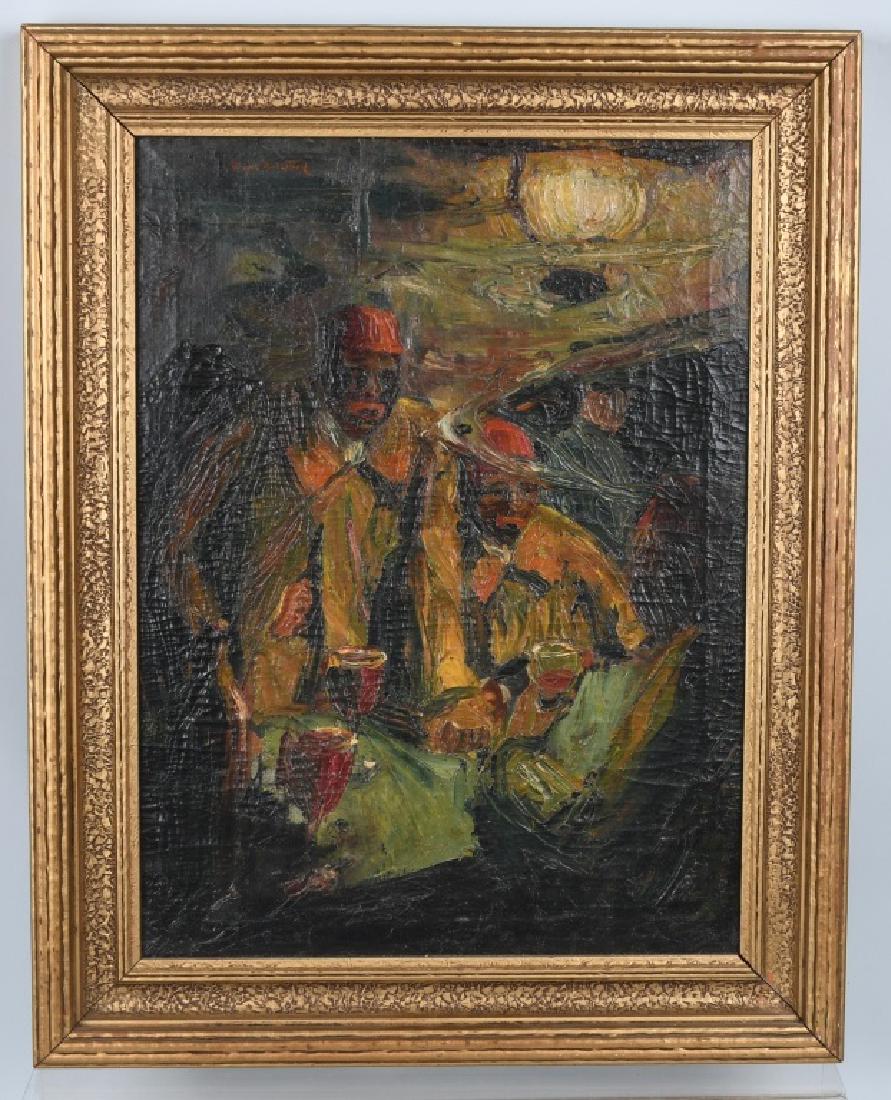 DOUGLAS ARTHUR TEED ARAB SCENE OIL PAINTING: Douglas Arthur Teed (American 1863-1929) Arab Scene of Men Drinking. Oil on Canvas. Very well done in Teed's signature dark tones. Signed at top. Professionally framed. Painting measures 24"x18" Frame