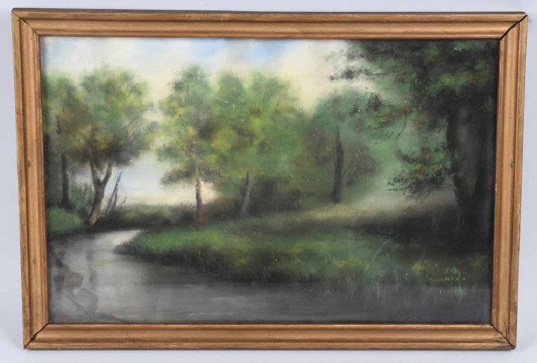 ALICE CUSHMAN RIVER & TREES WATERCOLOR ON PAPER: Alice Cushman (American) River and Trees original watercolor on paper. Signed lower right. Painting 14 1/2" x 9 1/2" Framed 16"x11" Excellent