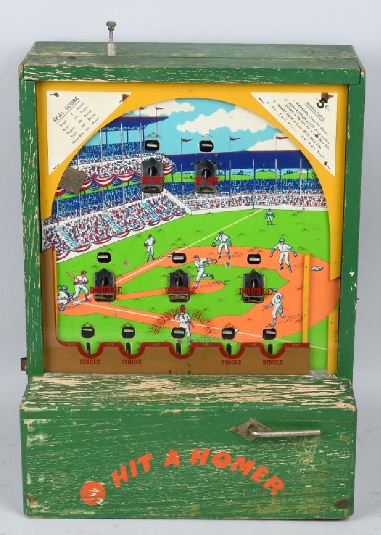 5c CENTRAL MFG HIT A HOMER COIN FLIP GAME: Nice original 5c Hit A Homer Flip Coin Game. All original and works. Play field is very clean. Case has some loss to original paint. 22" Very Good-Excellent