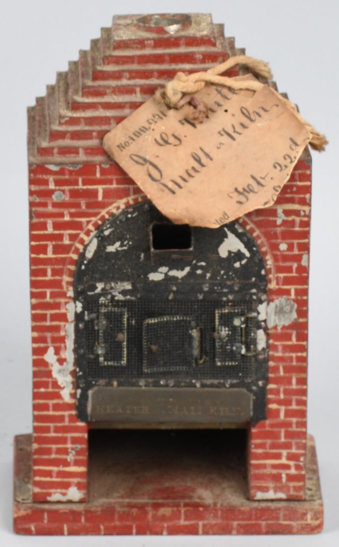 J. WHITE MALT KILN HEATER PATENT MODEL: Excellent original early Patent Model by John White for Improved Heater for Malt Kilns. Very well made of tin with nice details. All original with tag. 9" Very Good