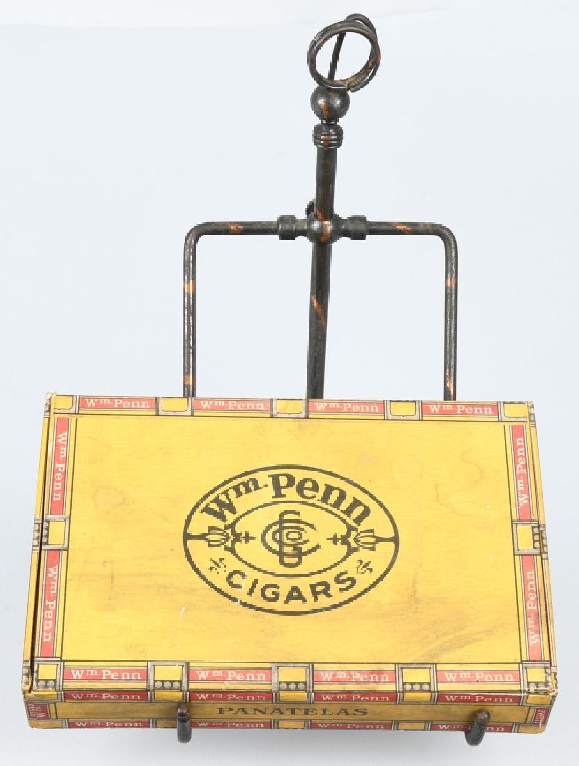 COUNTERTOP CIGAR BOX HOLDER: Early copper flashed Countertop Cigar Box Holder. Comes with Wm Penn Cigar Box. 13" Excellent