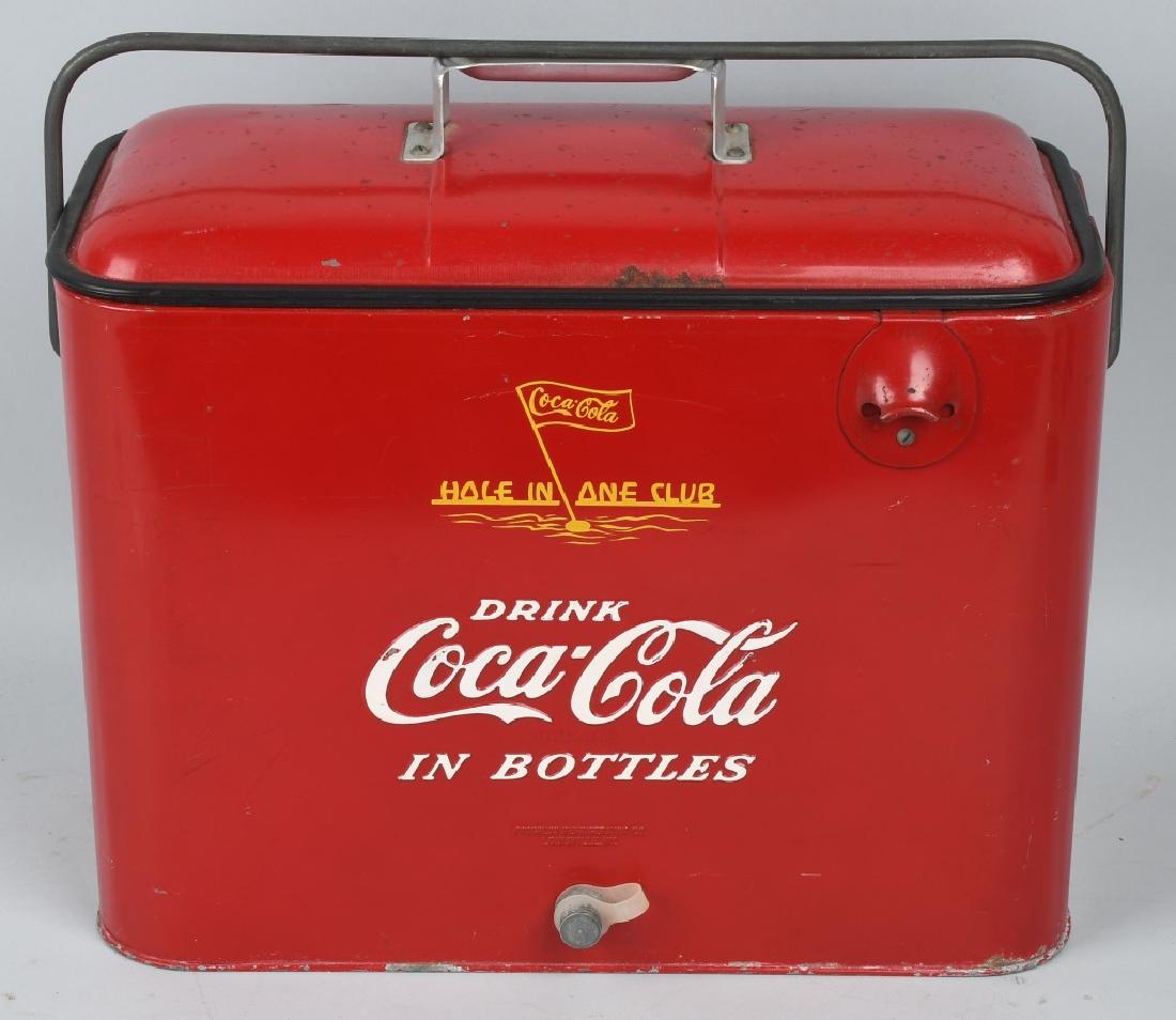 COCA COLA "HOLE IN ONE CLUB" COOLER: All original Coca Cola Cooler. Great condition with handles, bottle opener, and top. 19" Excellent