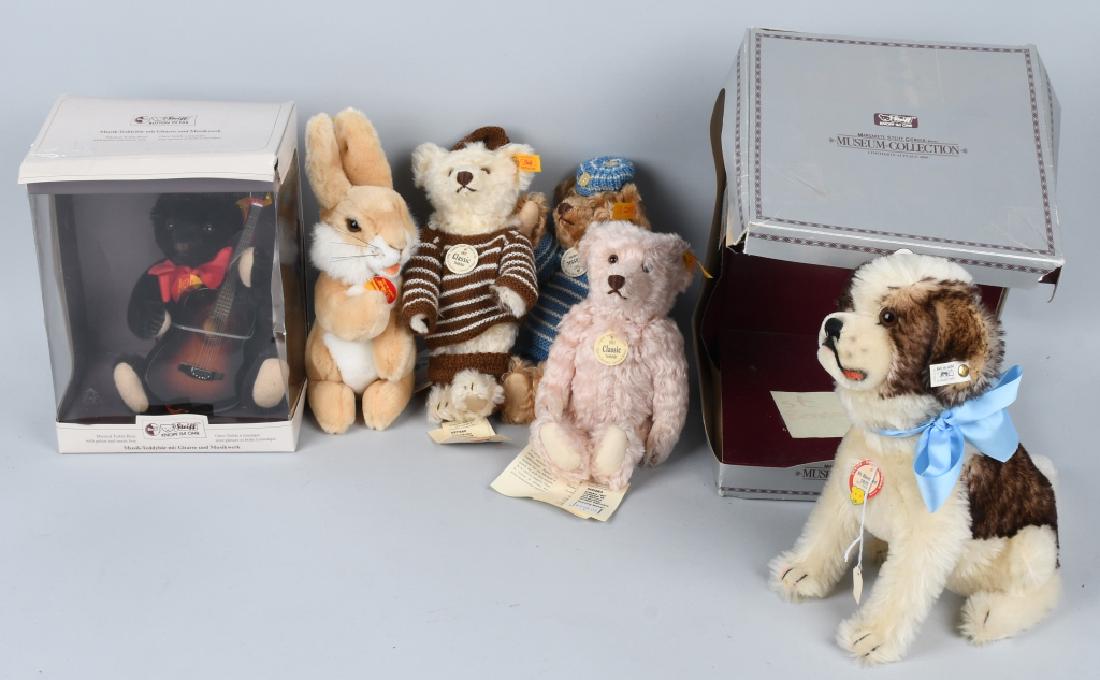 5- STEIFF BEARS & MORE: Includes 10" 1909 Classic Teddybar, 10" 1907 Classic Teddybar, 10" Pink 1907 Classic Teddybar, 11" Cosy Manni Rabbit, 10" St Bernard with partial box, and 8" Musik Teddybar with Box. All original with
