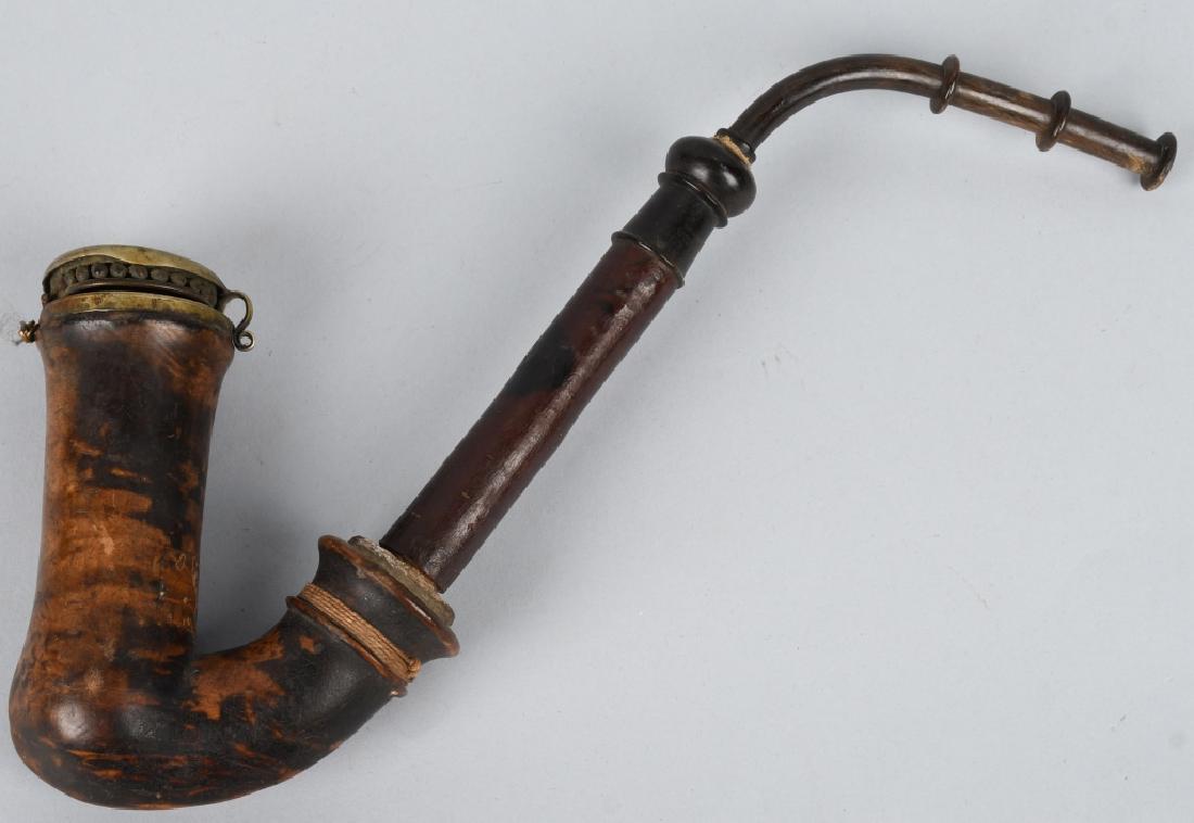 CIVIL WAR CAVALRYMAN BURL WOOD PIPE: Nice 19th century pipe with burl wood bowl, and wood and horn stem. Cap appears to be German silver. There is a note in bowl that states the pipe belonged to John Boyd a Cavalryman probably from NY, a
