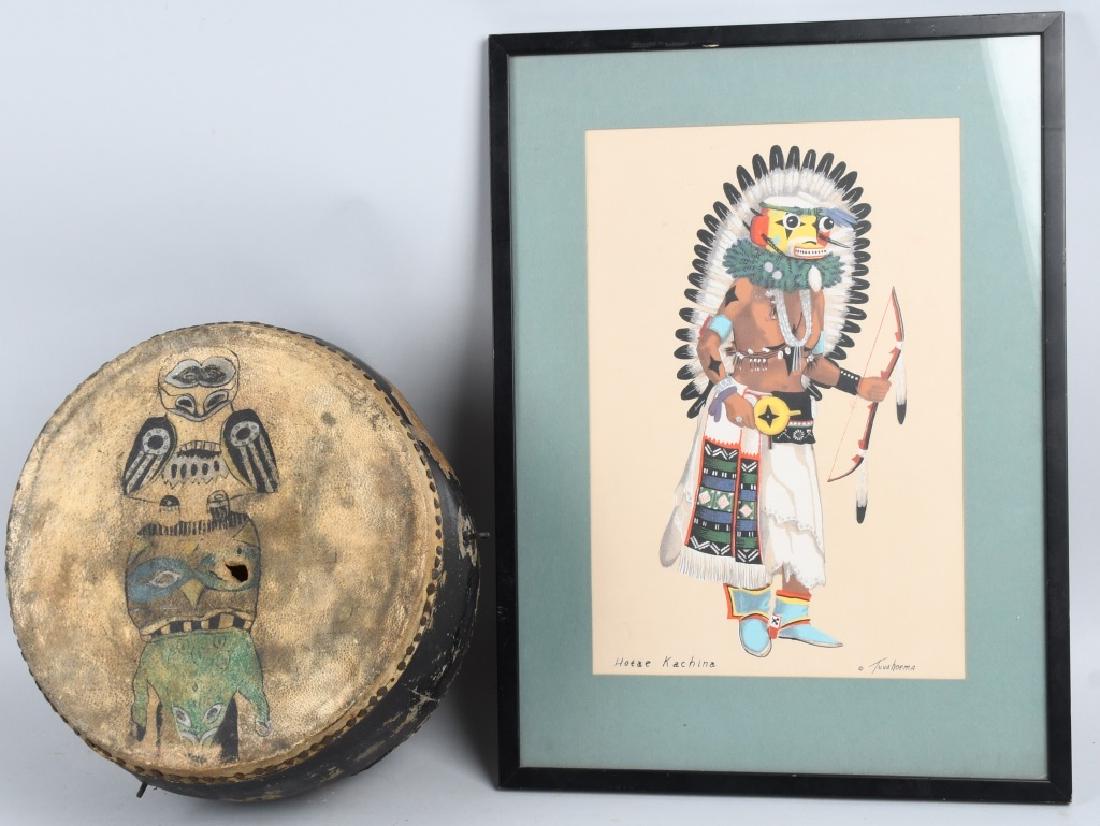 NORTH WEST AMERICA INUIT DRUM and MORE: Drum has leather heads and a painted wood body. One side is painted with Totem characters. The drum has overall wear and a small hole through the Totem. The heads are held on with cut nails. 12" diame