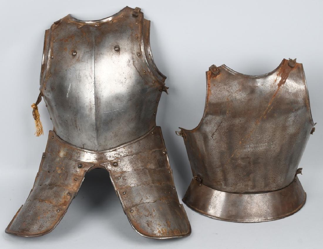 SUIT of ARMOR BREAST PLATE and MORE: Lot includes Cuirass (breastplate and back plate), and faulds (bands to protect the waist and hips). Made of riveted construction, and has remnants of leather straps and buckles at the shoulders and w