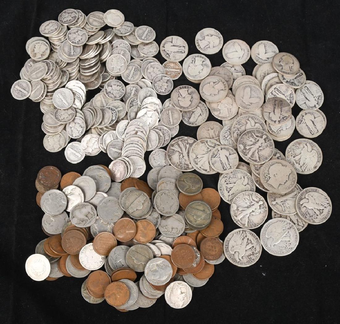 MIXED US PENNY NICKEL DIME QUARTER HALF SILVER LOT: To include 12 War Time Silver Nickels,11 V Nickels, 42 Buffalo Nickels,60 wheat and 5 Indian pennies, $9.00 in 90% quarters,$20 in mercury dimes and $8 in half dollars. $37 total in 90% mixed common d