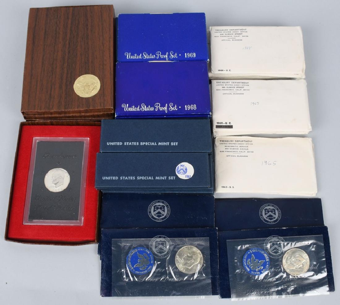 LARGE LOT OF 40% US SILVER PROOF AND MINT SETS: To Include 5-1971 Unc Eisenhower silver dollars,4 - 1972 Brown Box Eisenhower proof dollars, 10- 1966 mint sets, 2-1965 6 -19685-1969 mint sets an d 5-1968 and 5- 1969 proof sets. All in original pack