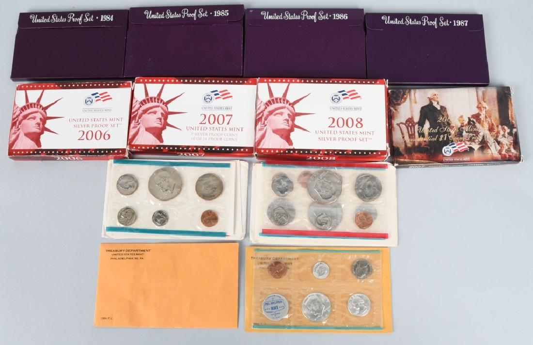 US PROOF & MINT COIN LOT, 1964-2008: Nice lot with 2 - 1964 90% silver proof sets, a 1974 and 1977 Uncirculated sets, 1984, 1985, 1986, and 1987 proof sets, and 2006, 2007, and 2008 silver proof sets. All are in original packaging