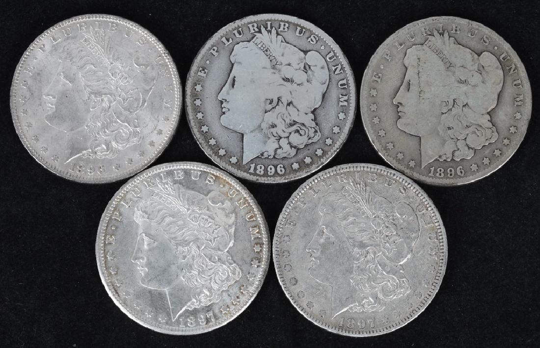 5 - US MORGAN SILVER DOLLARS G-AU: 1896, 1896-O, 1896-S, 1897-O and 1897-S. G-AU