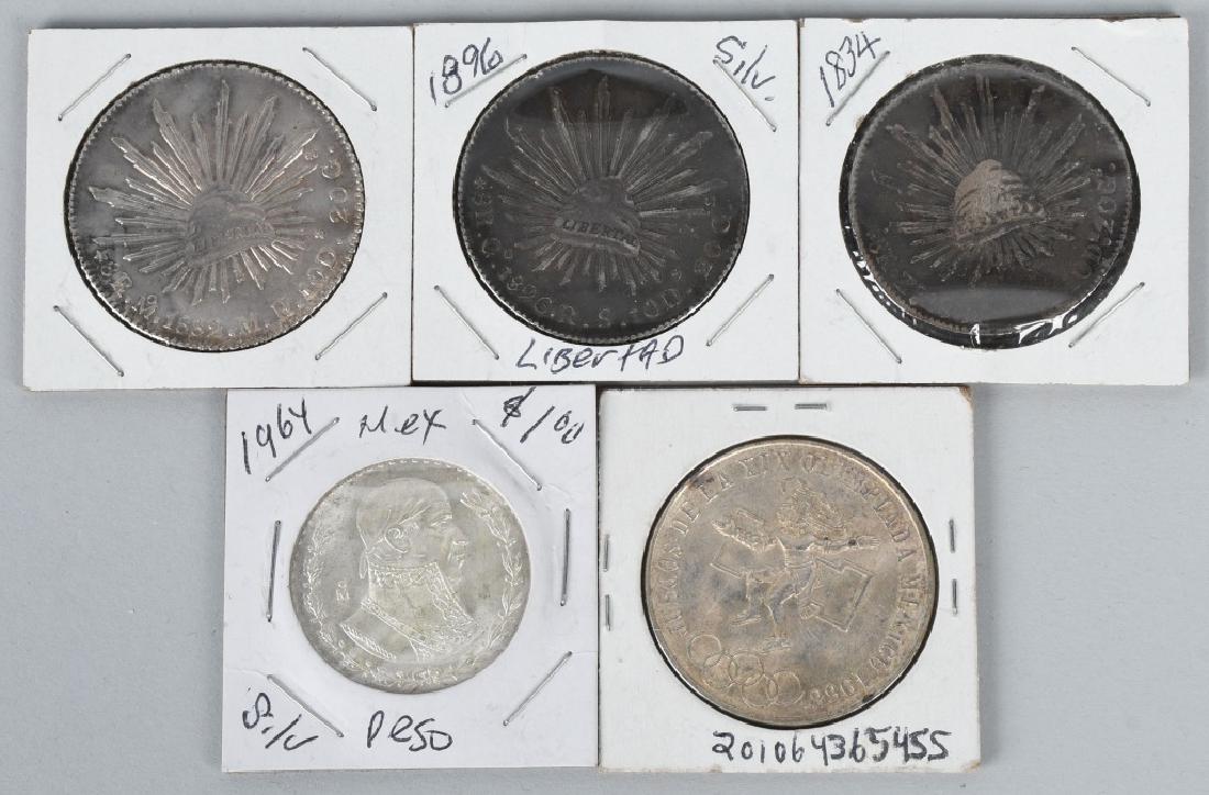 5-MEXICAN SILVER COINS 8 REALES & MORE: Lot includes 1834, 1882 and 1896 First Republic silver 8 Reales coins, 1964 BU silver peso and a 1968 Olympics coin.