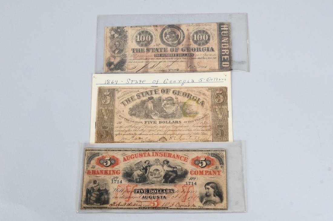 3-CIVIL WAR ERA GEORGIA STATE NOTES $100 & 2-$5: Grouping includes 1860 Augusta Insurance $5.00 note, February 1863 $100.00 note, and April 1864 $5.00 note. Some soiling, folding and general wear. Ungraded