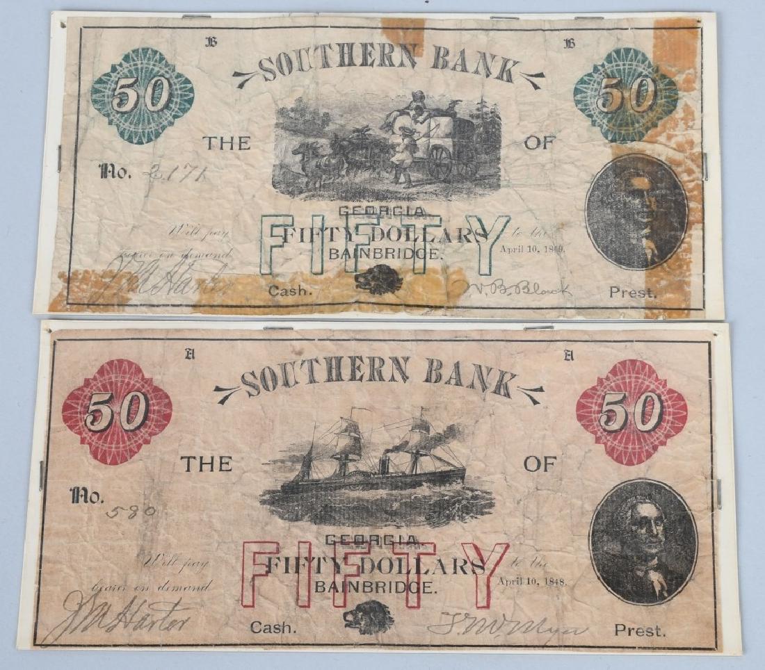 2-ANTEBELLUM $50.00 SOUTHERN BANK NOTES, 1848-49: Lot of 2 original Southern Bank $50.00 notes from Bainbridge Georgia. Dated 1848 and 1849. Some soiling, folding and general wear. Ungraded