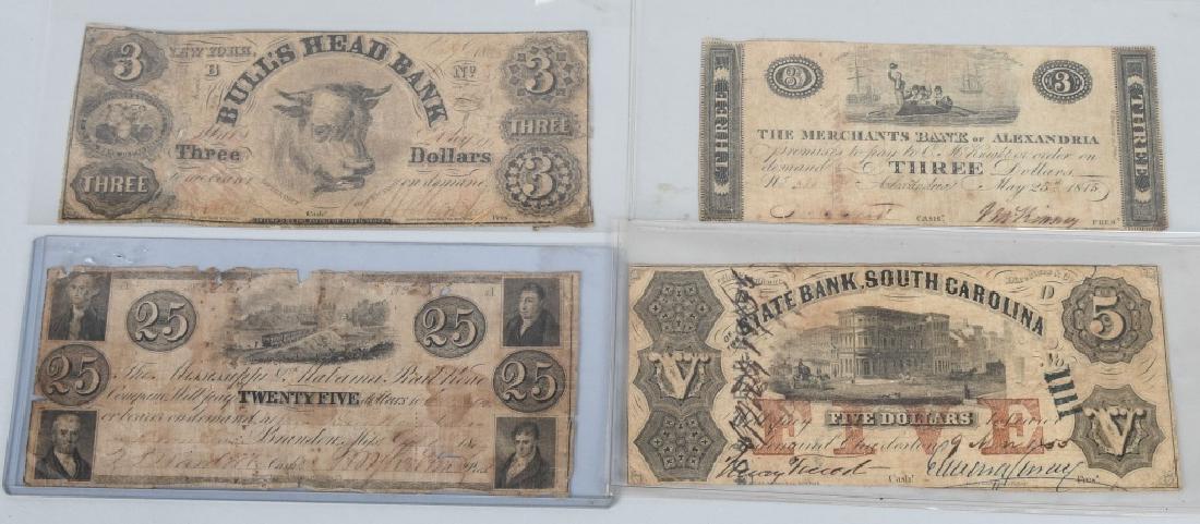 4-19th CENTURY OBSOLETE BANK NOTES: Lot includes 1815 $3.00 Merchants Bank of Alexandria Virginia, $5.00 State Bank of South Carolina, $25.00 The Mississippi & Alabama Railroad, and Bulls Head Bank of New York. Some soiling, folding, te