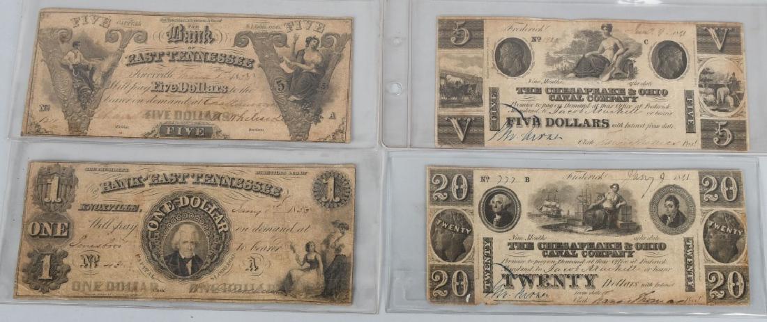 4-19th CENTURY OBSOLETE BANK NOTES: Lot includes 2 antebellum1855 Bank of East Tennessee notes in the amount of $1.00 and $5.00, along with 2 -1841 Chesapeake & Ohio Canal Company $5.00 and $20.00 notes. Some soiling, folding and genera