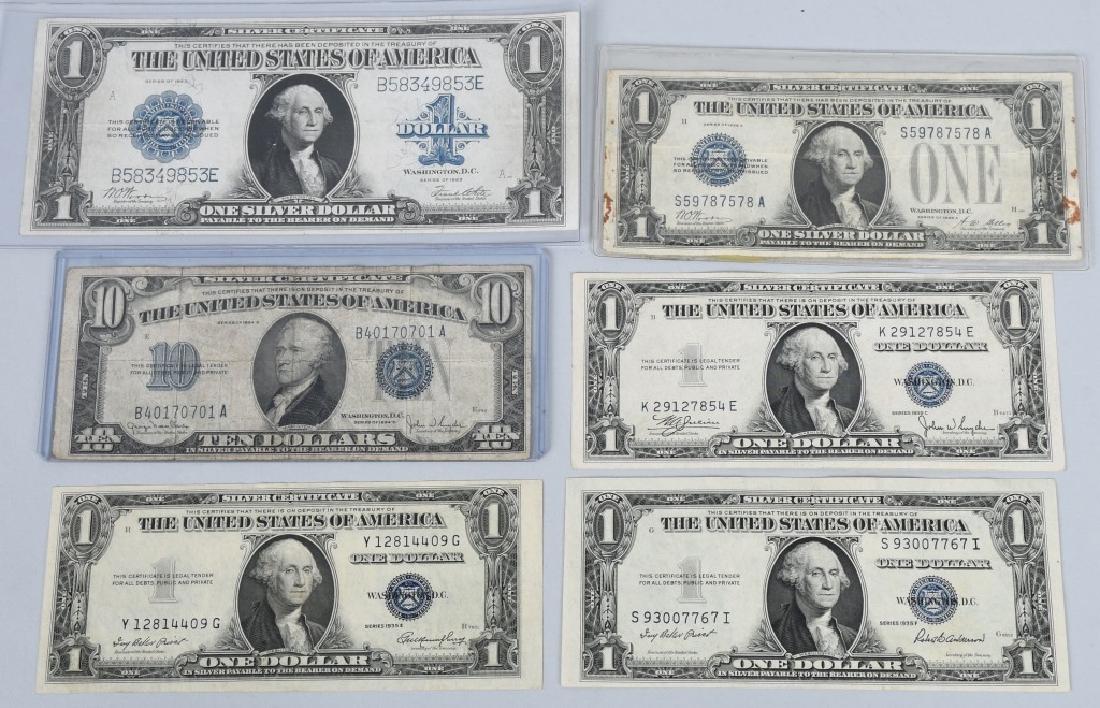 6-SILVER CERTIFICATES, 1923, 1928A, 1934D and 1935: Lot includes 3 crisp 1935 series $1.00 notes, a large 1923 $1.00 note, a 1929A $1.00 funny back, and a 1934D $10.00 note. The 3 - 1935 notes are excellent. The other 3 notes have some soiling, folding